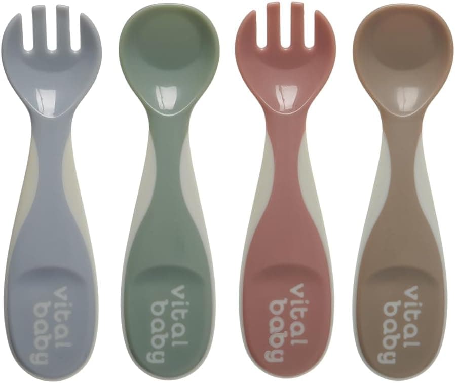 Vital Baby Nourish Chunky Feeding Spoons set of four in grey, green, pink and brown
