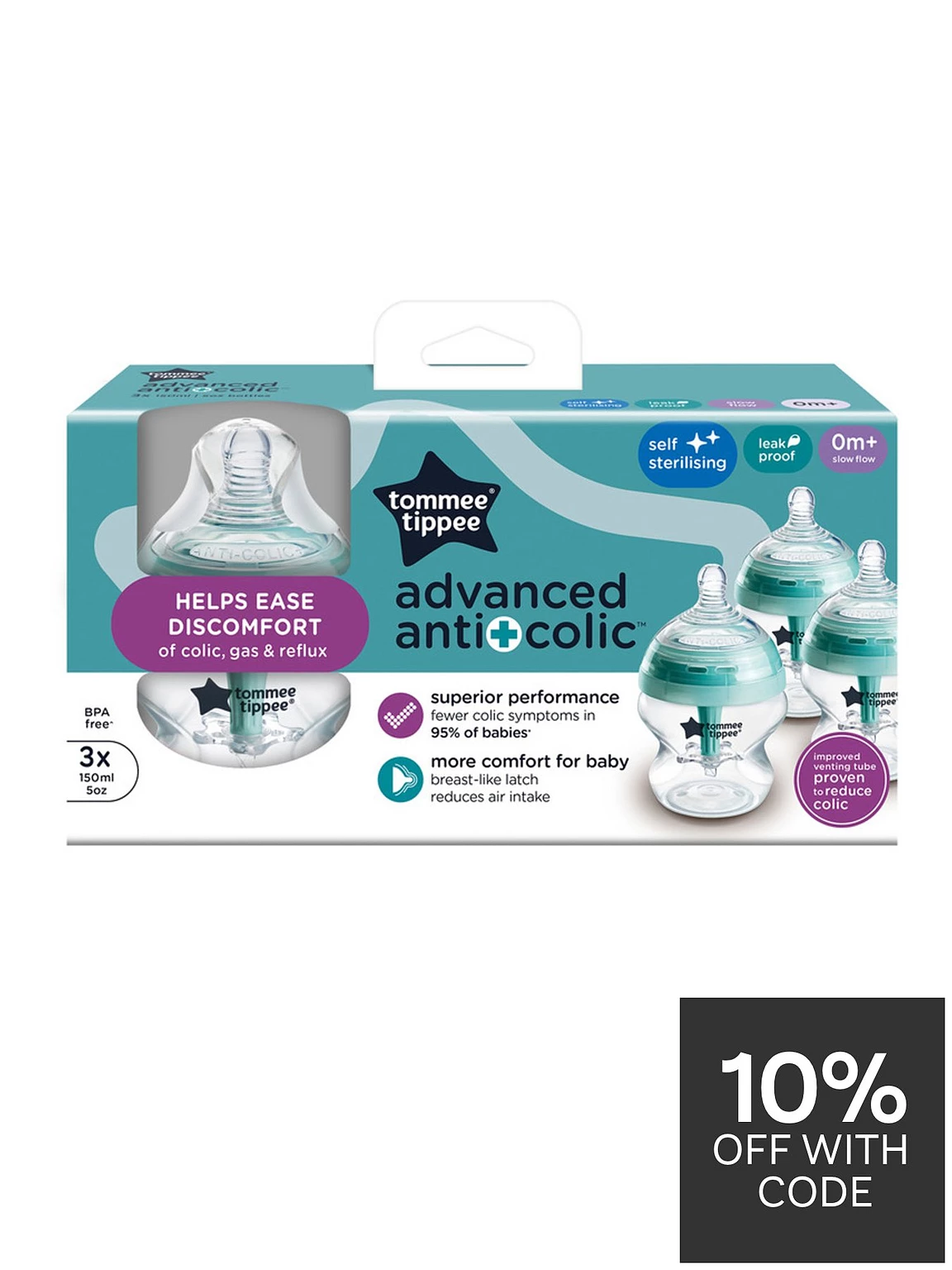Tommee Tippee Advanced Anti Colic 150ml bottles, pack of three, teal and clear design