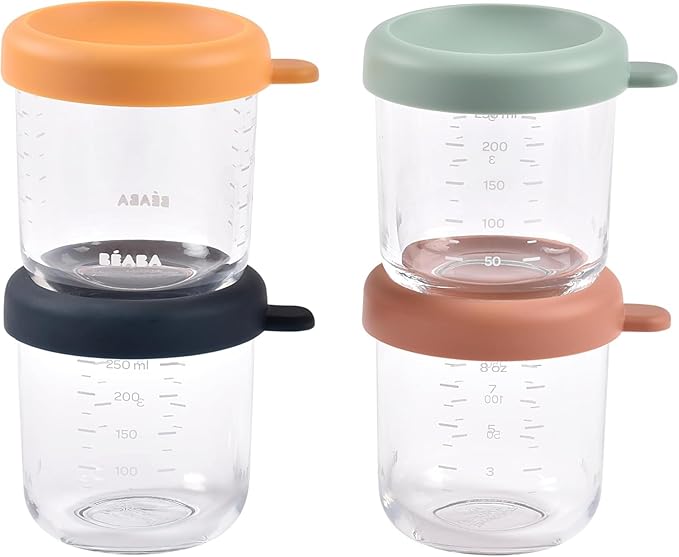 Béaba glass storage jars with sky grey lids, four-piece set, measured containers