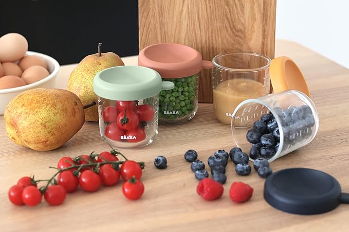 Béaba glass storage jars set of four sky and grey lids