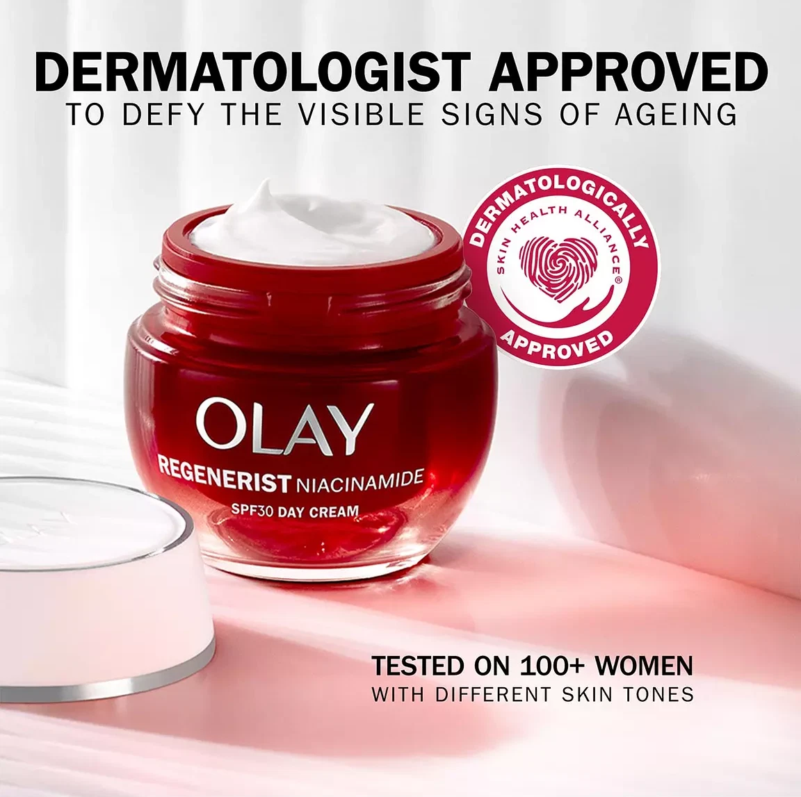Olay Regenerist Niacinamide SPF 30 day cream in red jar with white moisturiser