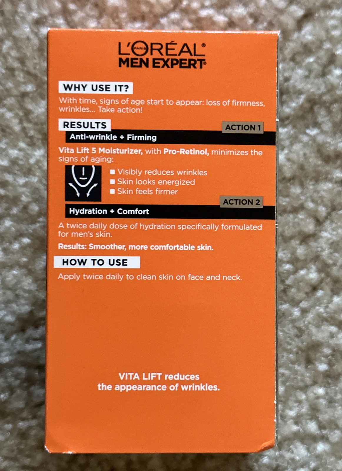 L'Oreal Men Expert Vita Lift anti-wrinkle and firming moisturiser 1.60 oz orange box
