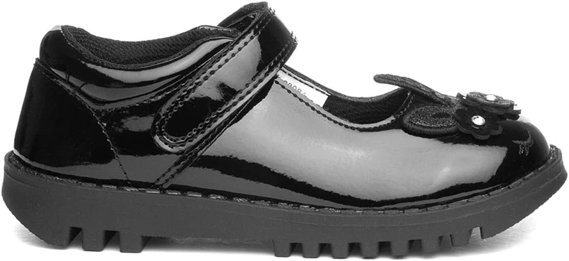 Buckle My Shoes black patent school shoes with star detail and buckle strap