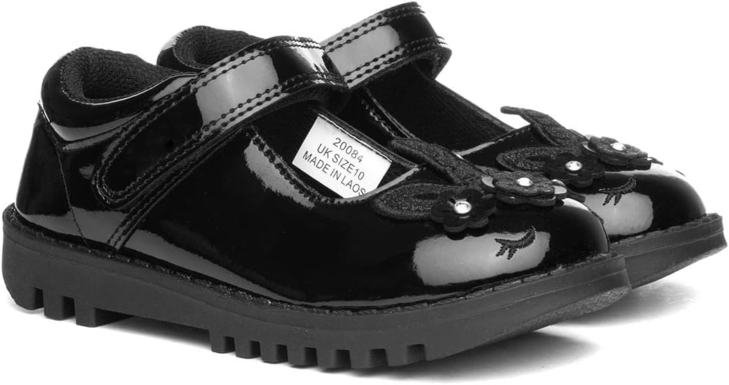 Buckle My Shoes black patent leather school shoes with star detail and buckle strap