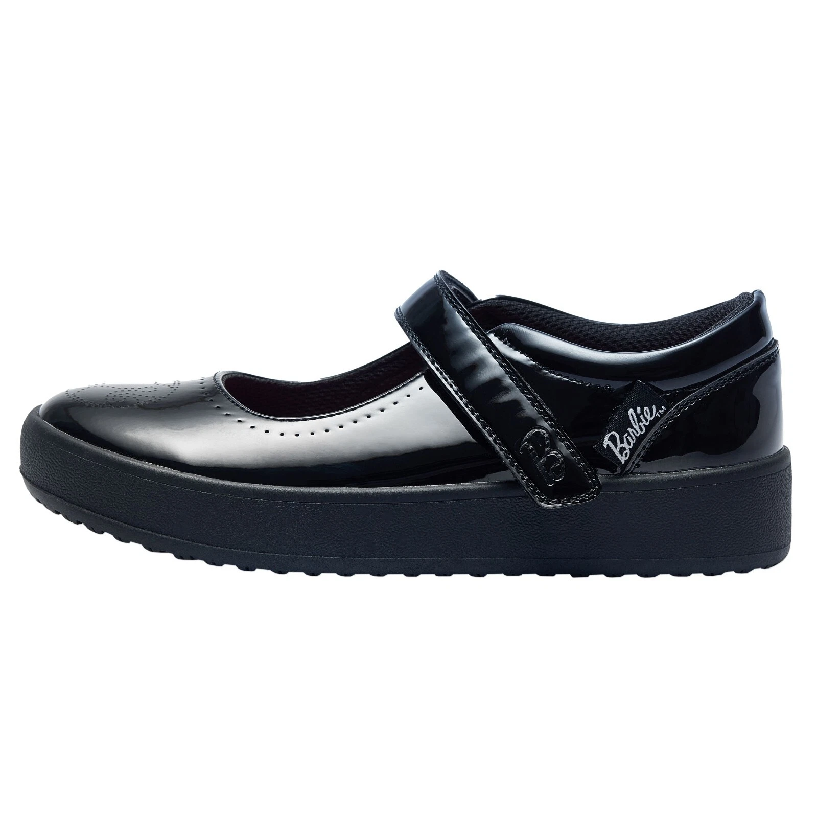 Bucle My Shoes black school shoe with riptape fastening and perforated detail