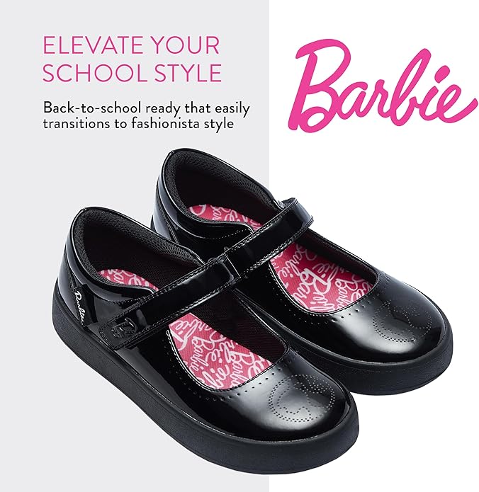 Barbie black leather school shoes with pink patterned lining girls Mary Jane strap