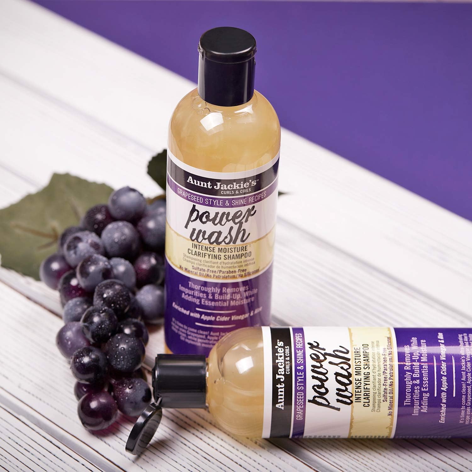 Aunt Jackie's Grapeseed Power Wash intense moisture clarifying shampoo bottle with black cap