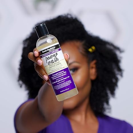 Aunt Jackie's Grapeseed Power Wash clarifying shampoo bottle with purple label