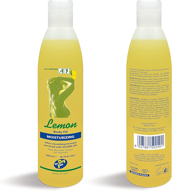 A3 Lemon Moisturizing Body Oil 260ml yellow bottle with jojoba oil