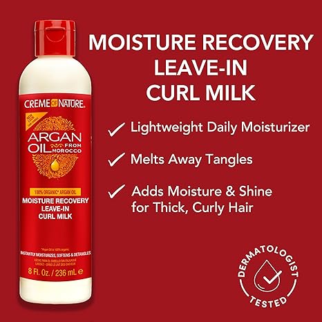 Creme of Nature Moisture Recovery Leave-In Curl Milk 236ml bottle with argan oil