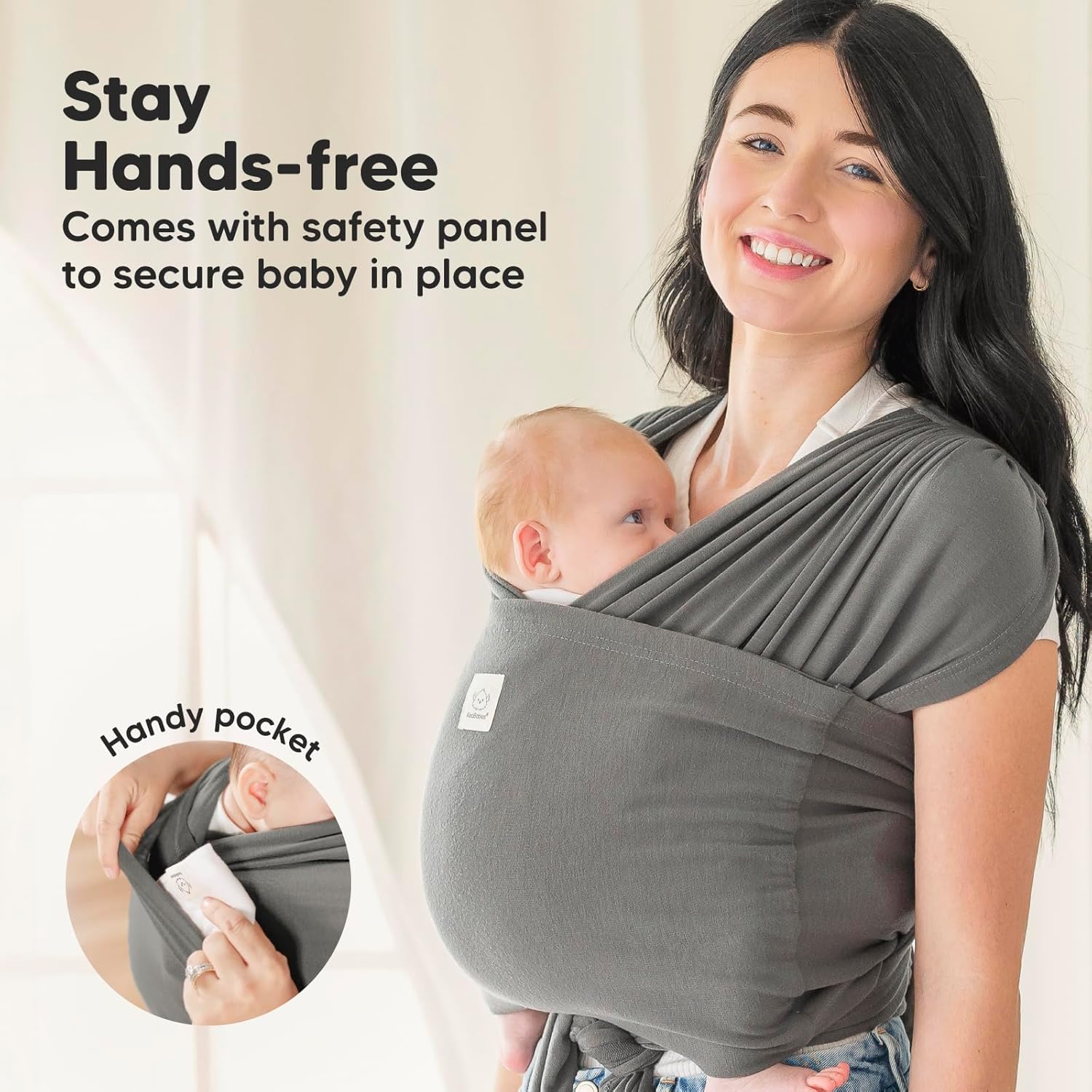 keaBabies D-Lite grey baby wrap carrier with safety panel and pocket