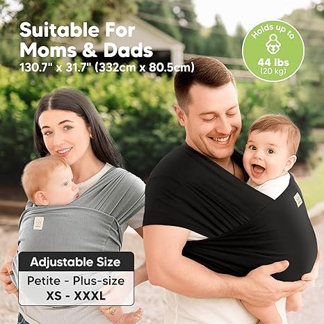 keaBabies D-Lite baby wrap carrier sling, grey, newborn to toddler 44lbs