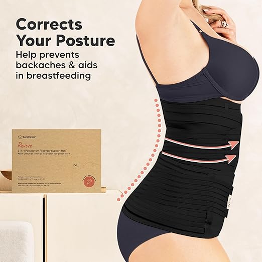 KeaBabies Revive black 3-in-1 postpartum recovery support belt worn on torso