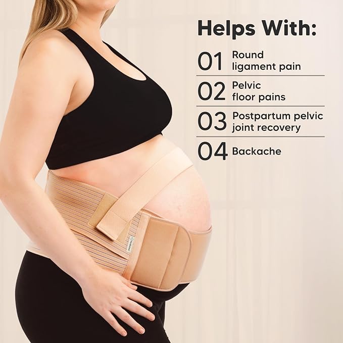Keababies Nurture 2-in-1 maternity support belt XL in beige, worn around pregnant belly