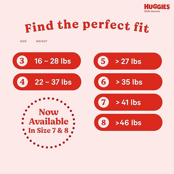 Huggies Little Movers Size 5 diapers 132 count 27+ lbs weight chart