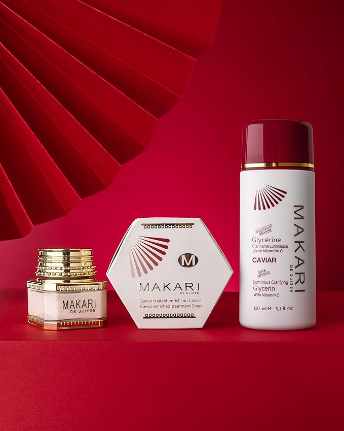 Makari Caviar Hydrating Face Cream with gold-trimmed jar and white bottle