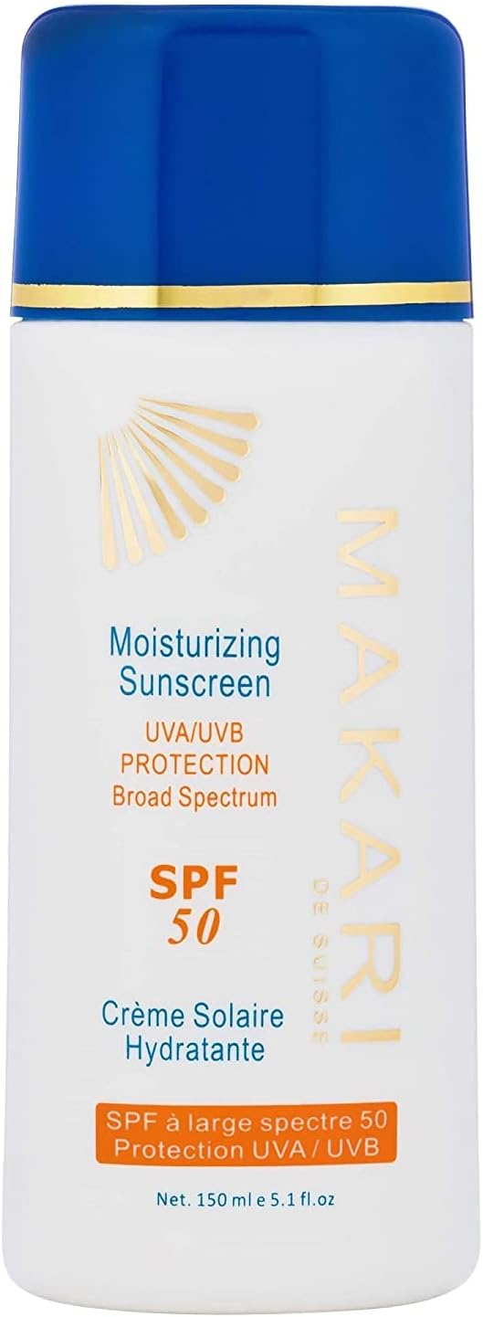 Makari Exclusive Moisturizing Sunscreen SPF 50, 150ml bottle with blue cap