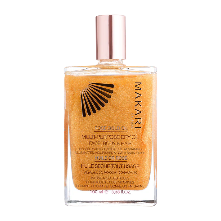 Makari 24K Or Rose Multi-Purpose Dry Shimmer Oil 100ml bottle, rose gold cap