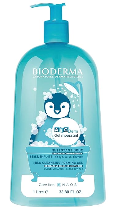 Bioderma ABCDerm turquoise foaming gel cleanser, 1 litre pump bottle for babies and children