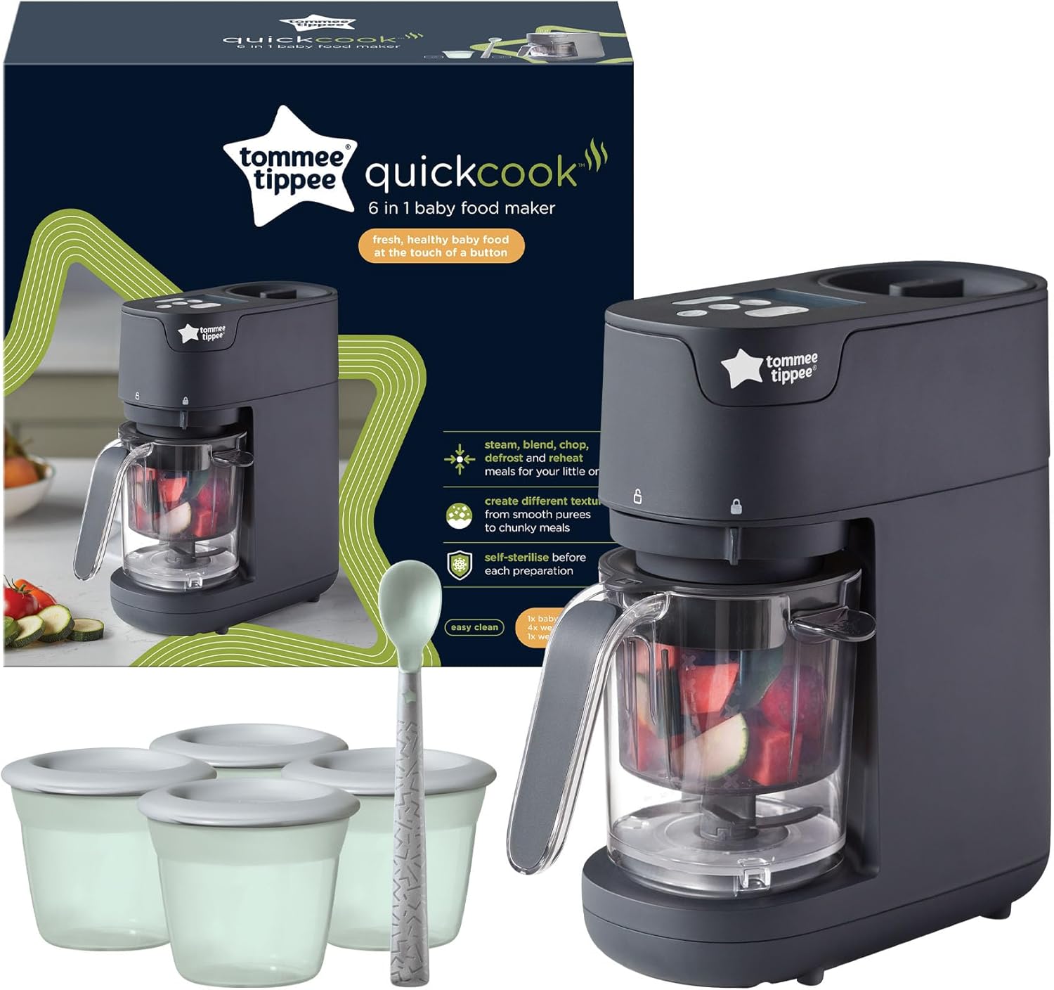 Tommee Tippee Quickcook 6-in-1 baby food maker with steam, blend and sterilise function, 500ml capacity, charcoal grey