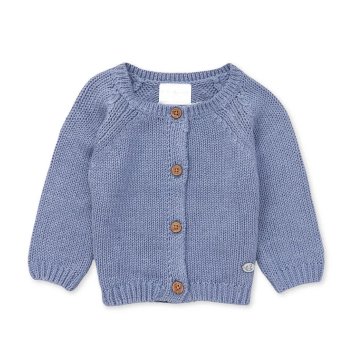Blue marl cotton knit cardigan with wooden button fastening for babies