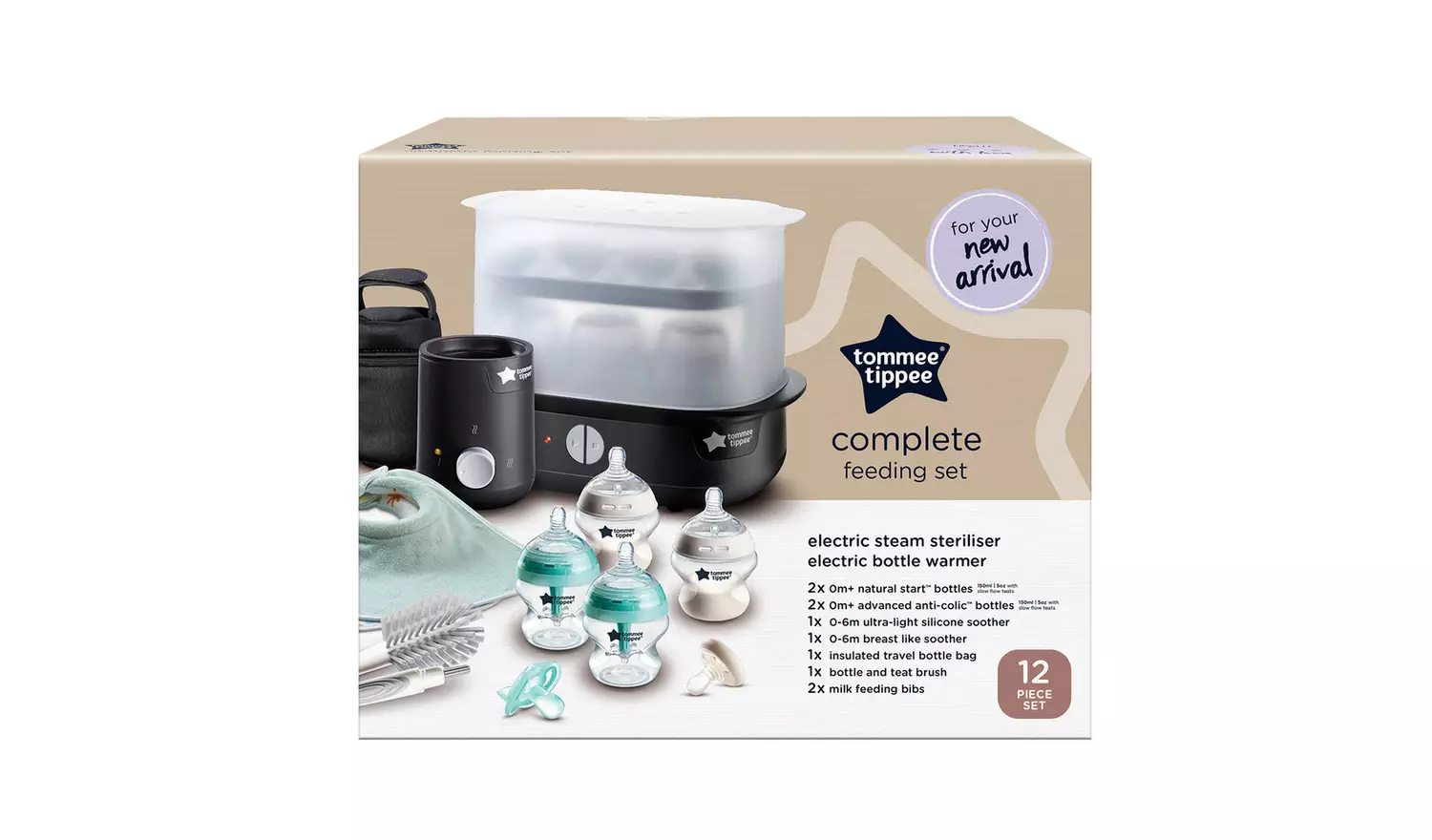 Tommee Tippee Complete Feeding Kit black 12 piece set with steriliser warmer bottles