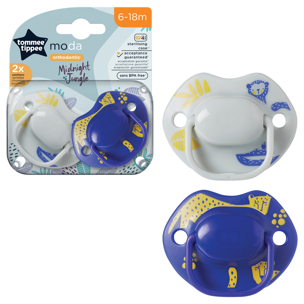 Tommee Tippee Moda Orthodontic soothers 6-18 months, blue and white Midnight Jungle design, pack of two