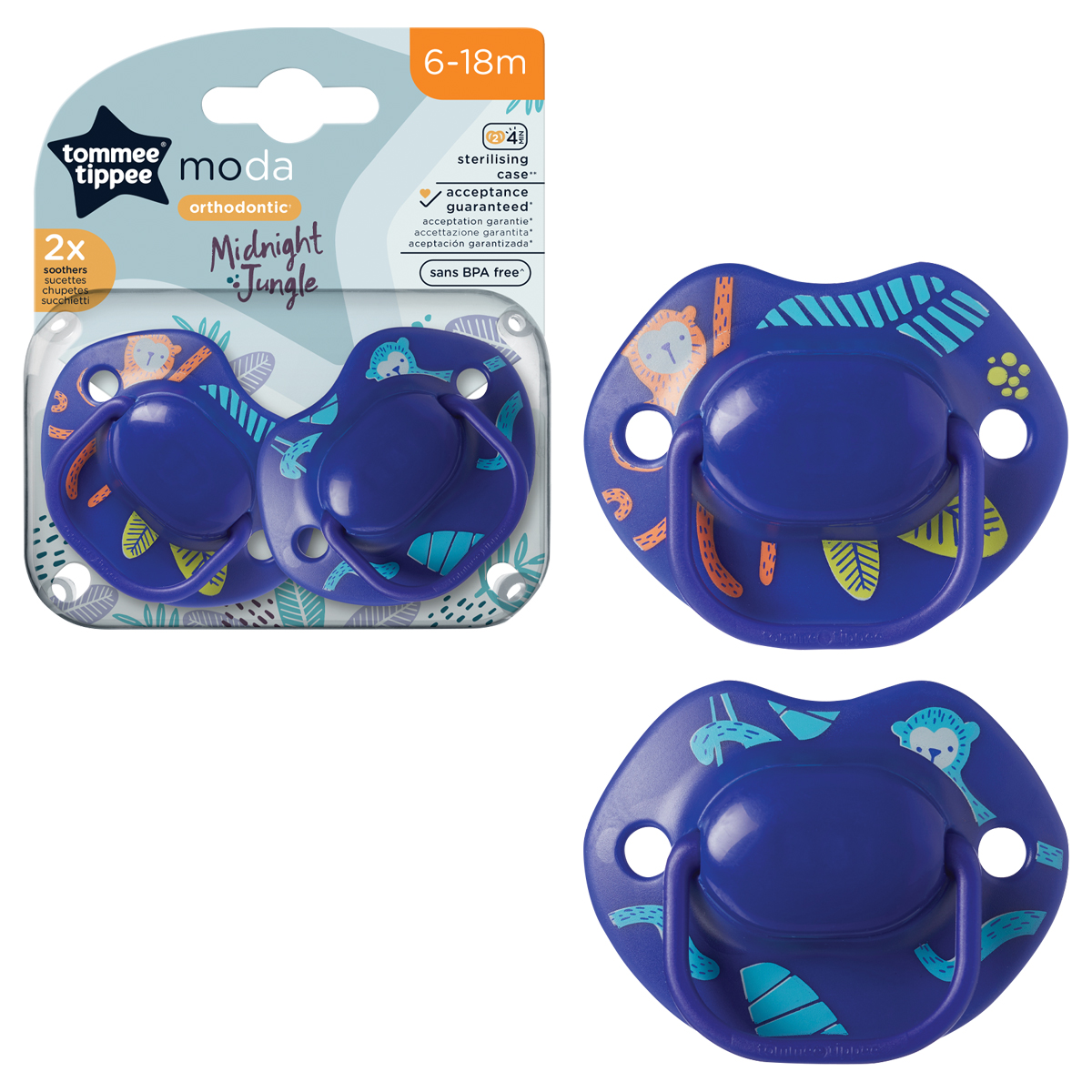 Tommee Tippee Moda Midnight Jungle orthodontic soothers, six months to eighteen months, pack of two, blue with animal designs