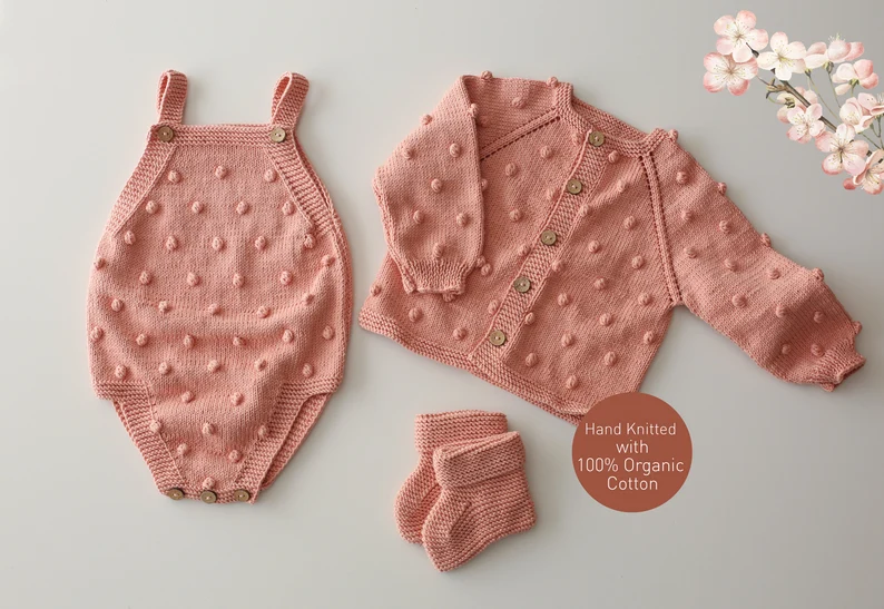 Baby pink organic cotton knit cardigan for newborns, 0-12 months