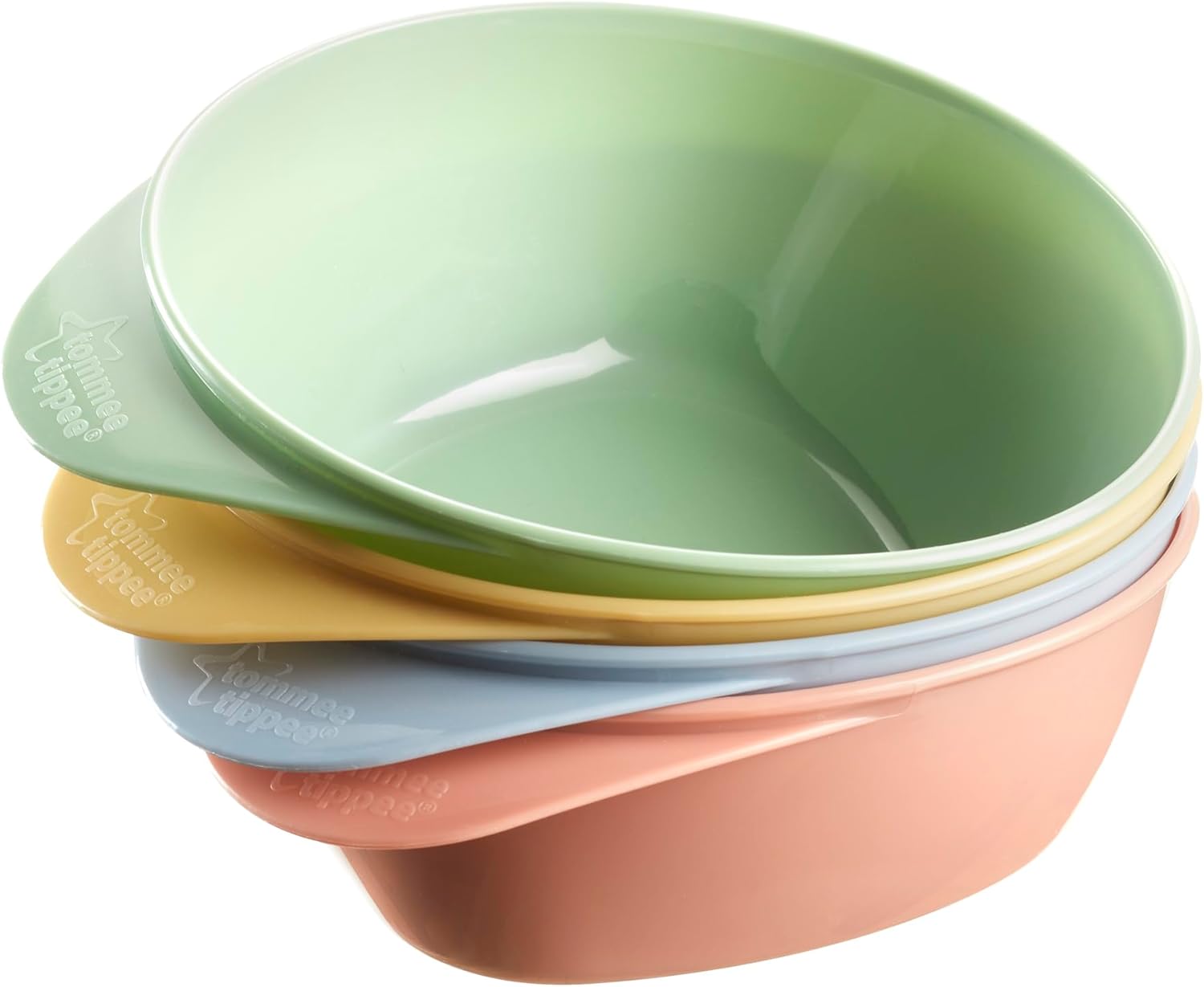 Tommee Tippee Easy Scoop feeding bowls in green, yellow, blue and coral, 4 pack