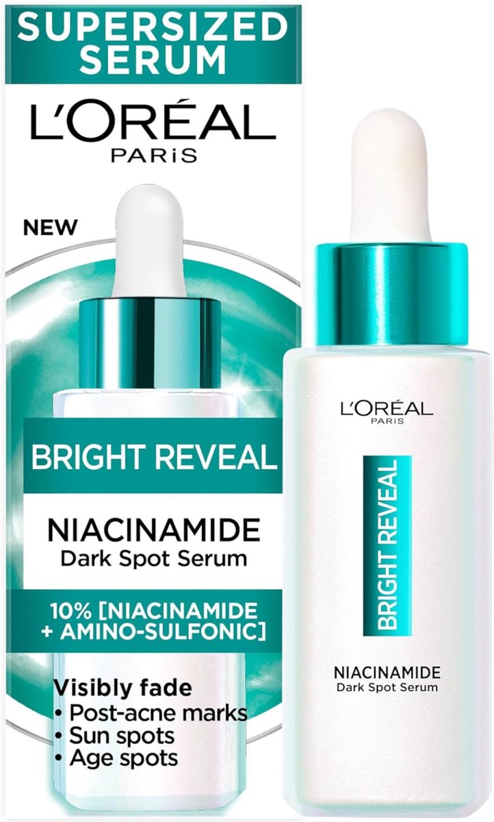 L'Oréal Paris Bright Reveal 10% Niacinamide Dark Spot Serum with turquoise cap