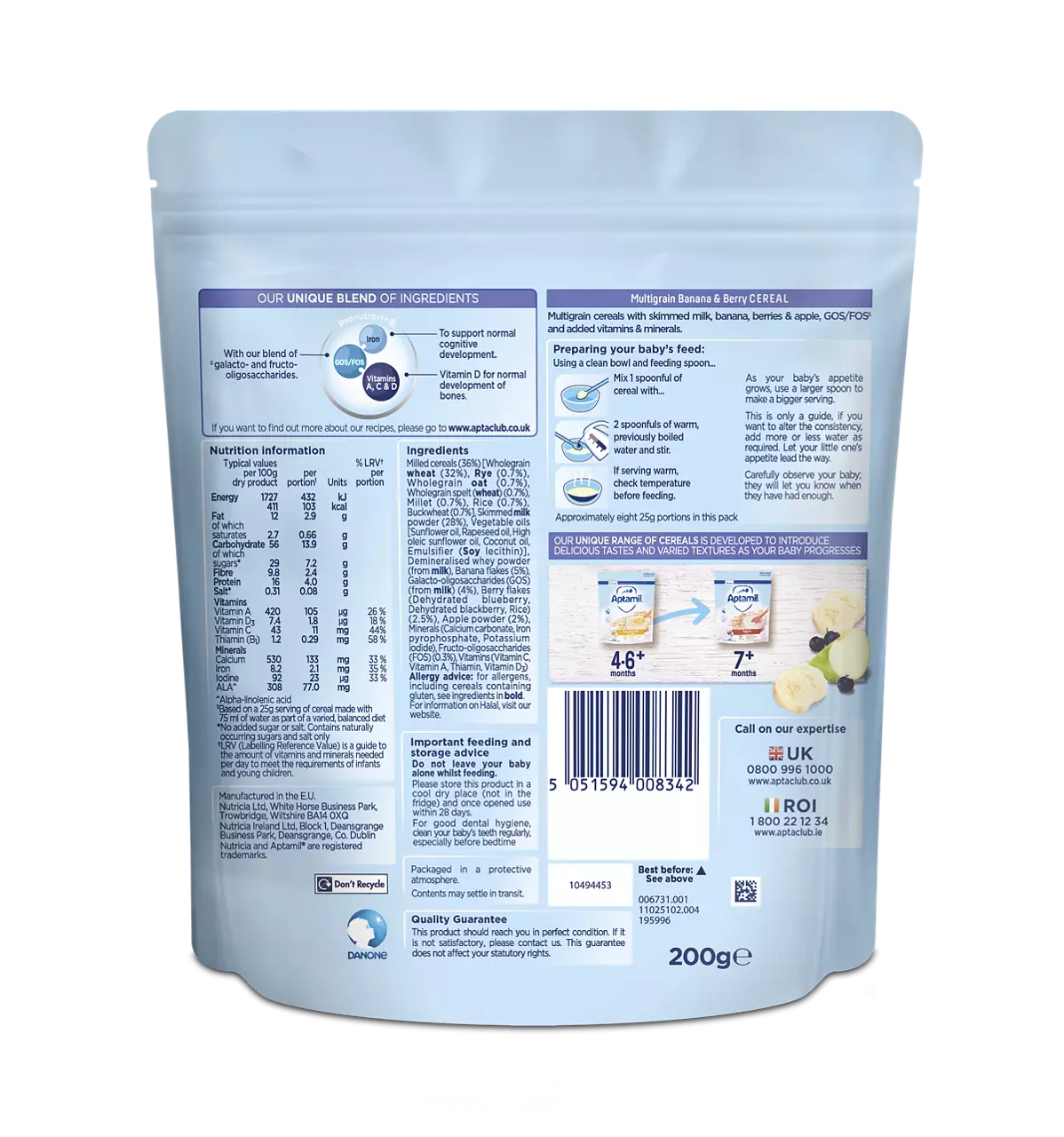 Aptamil Multigrain Banana & Berry Cereal 200g baby food pouch