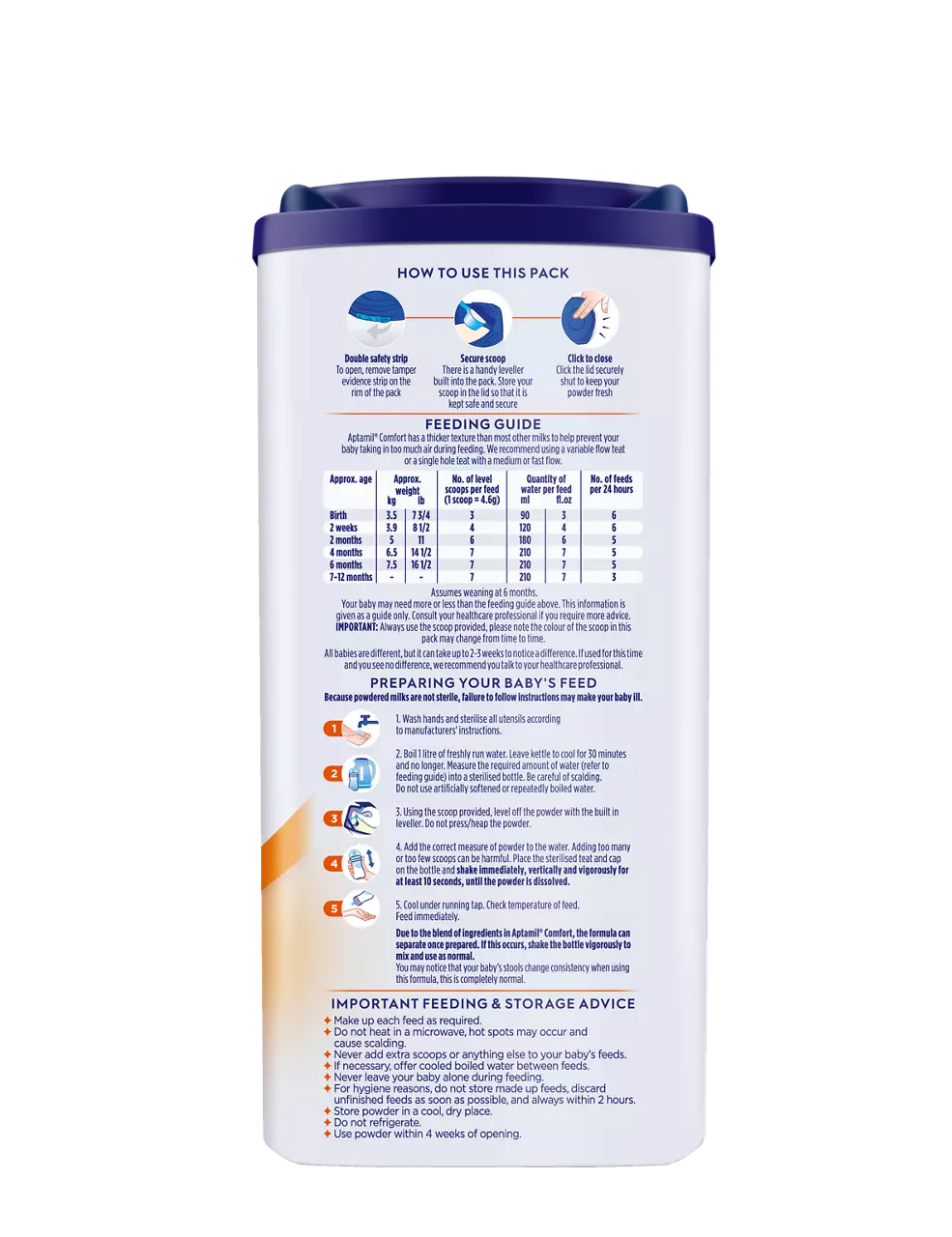Aptamil Comfort Formula 800g infant milk powder with navy lid and feeding guide