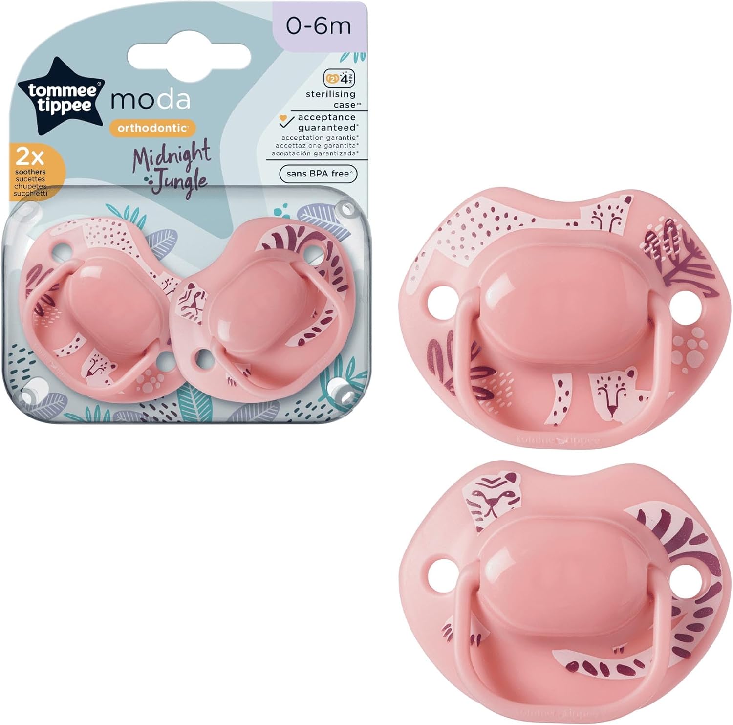 Tommee Tippee Moda Midnight Jungle pink orthodontic soothers 0-6 months 2 pack