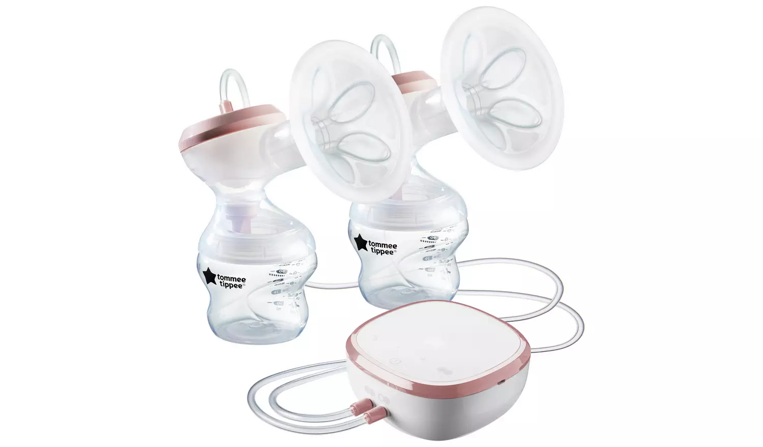 Tommee Tippee Made for Me white and rose gold double electric breast pump with bottles
