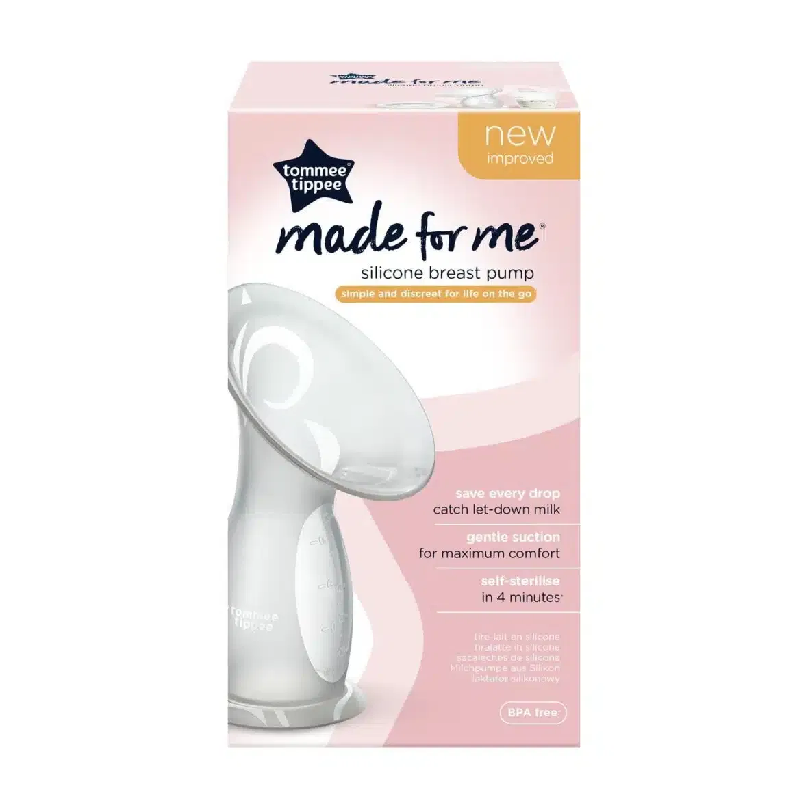 Tommee Tippee Made for Me white silicone breast pump with packaging displayed