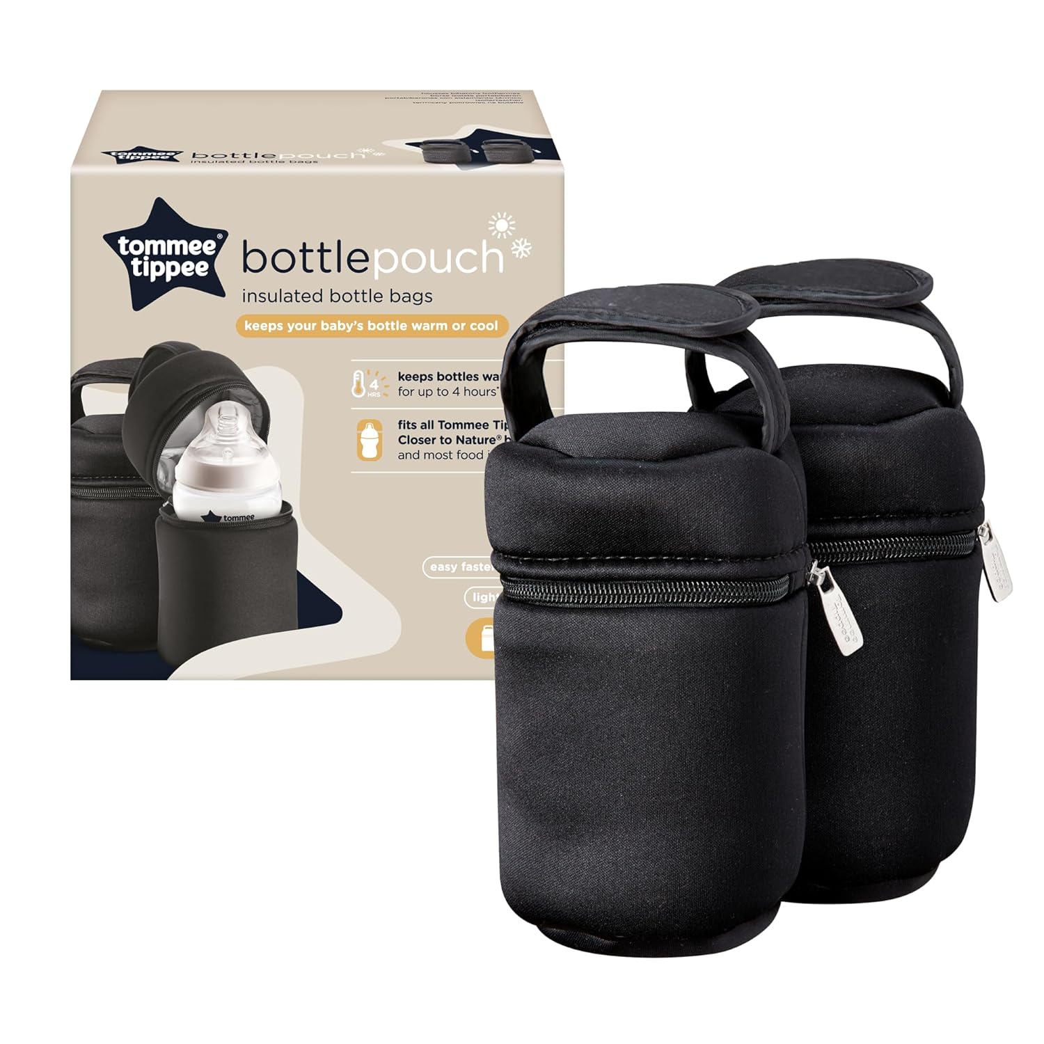 Tommee Tippee Closer to Nature black insulated bottle bags, pack of two