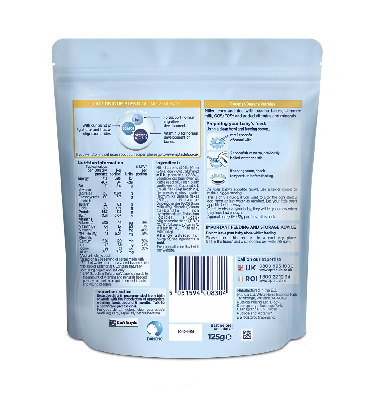 Aptamil Creamed Banana Cereal 125g pouch for babies four to six months