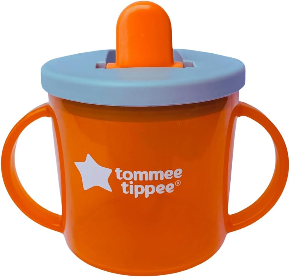 Tommee Tippee Free Flow First Cup orange sippy cup with blue lid 190ml