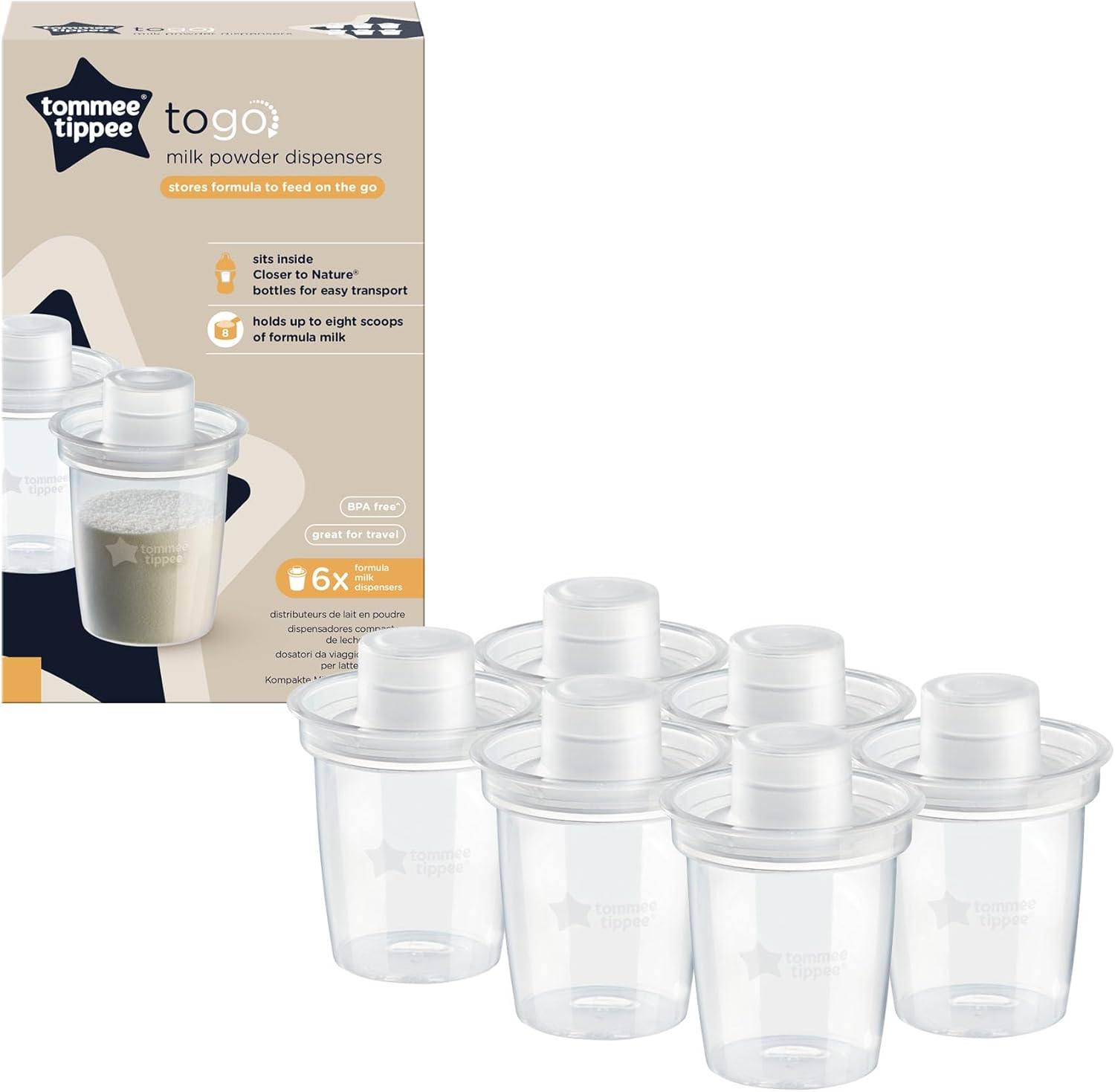 Tommee Tippee to-go milk powder dispensers, white, six-pack with lids