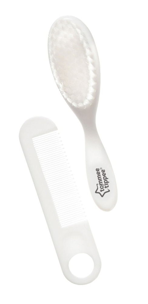 Tommee Tippee Essentials white baby brush and comb set, two pieces