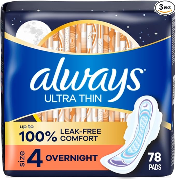Always Ultra Thin Overnight Pads with Wings, Size 4, 78 Count