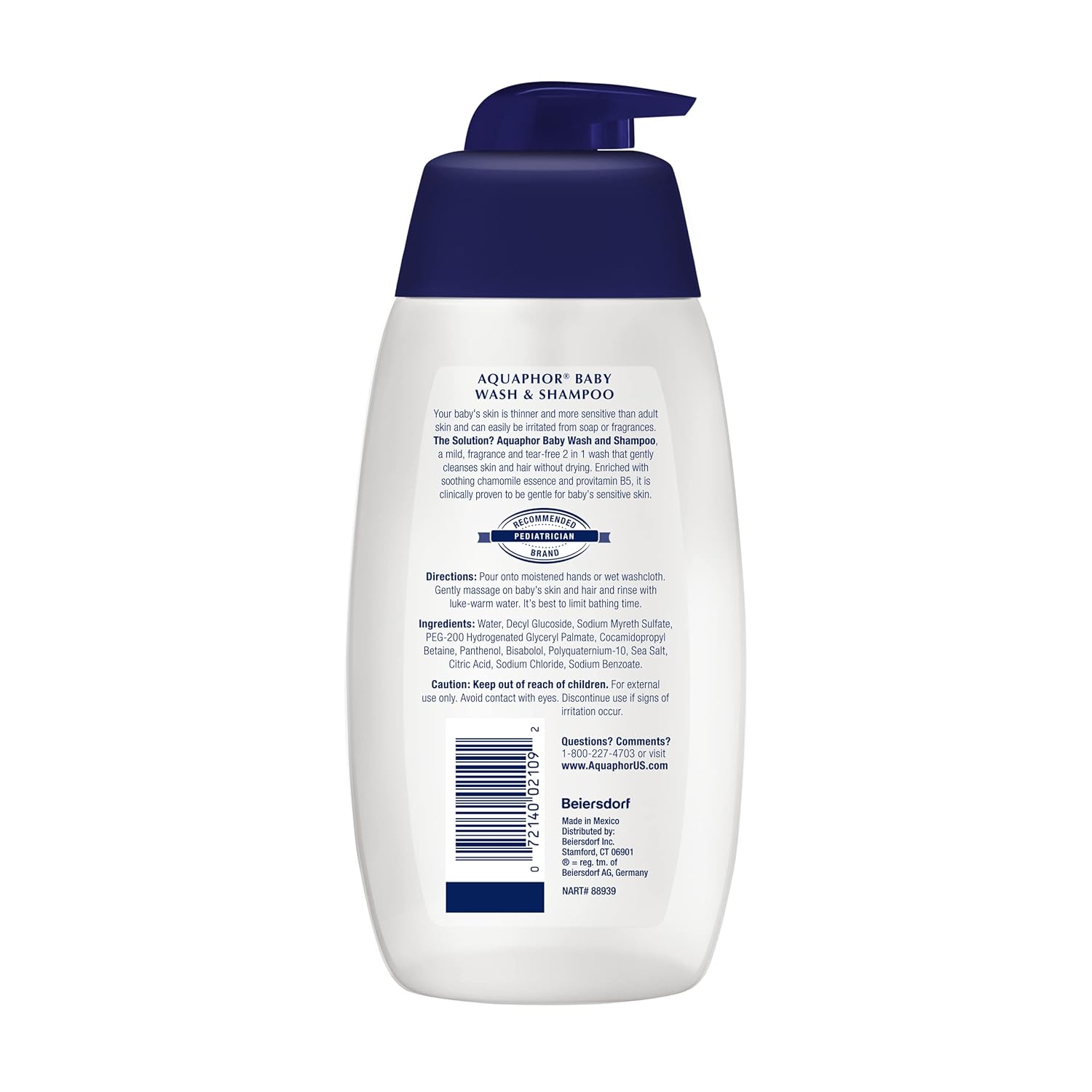 Aquaphor Baby Wash & Shampoo 500ml pump bottle with navy and white packaging