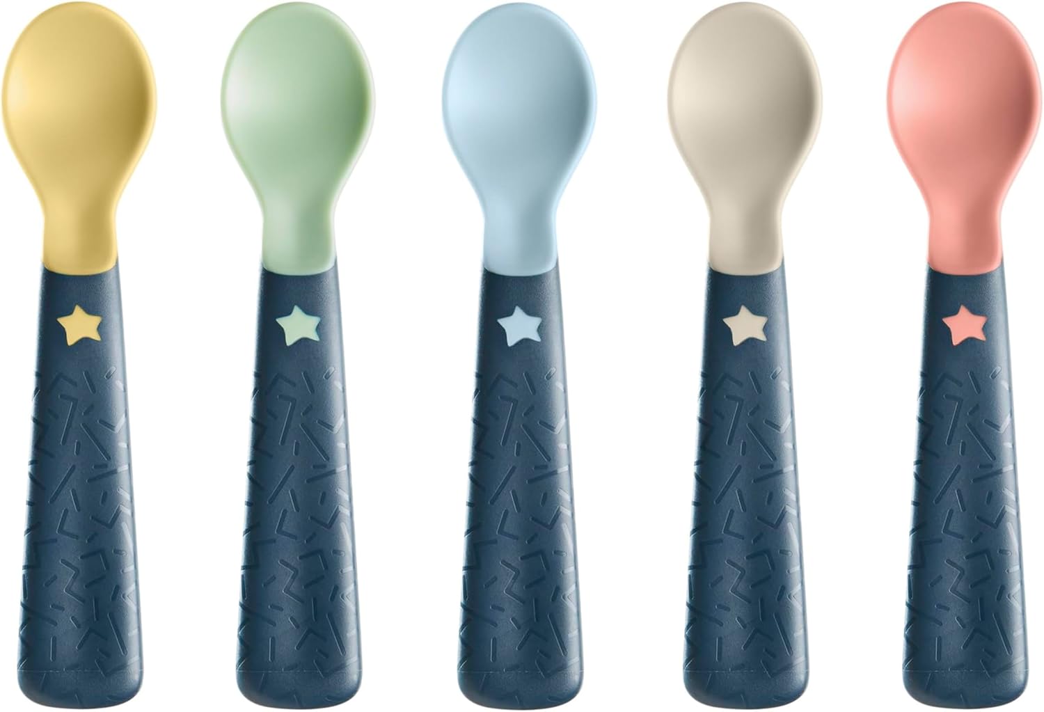 Tommee Tippee Easigrip self-feeding spoons in yellow, green, blue, cream and pink
