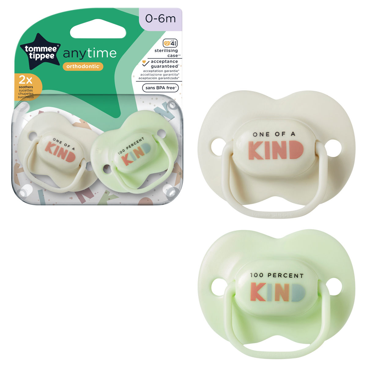 Tommee Tippee Closer to Nature Anytime Soother 0-6 months two pack, cream and green