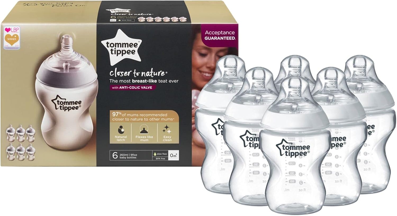 Tommee Tippee Closer to Nature 260ml baby feeding bottles, pack of six