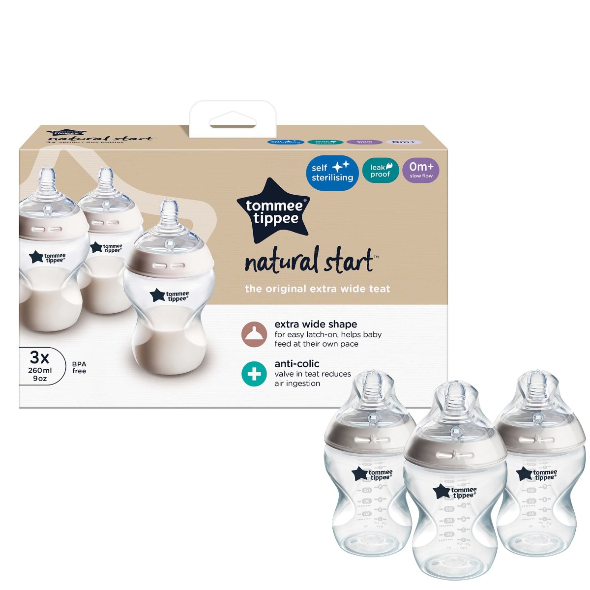 Tommee Tippee Closer to Nature 260ml baby bottles 3-pack white and clear
