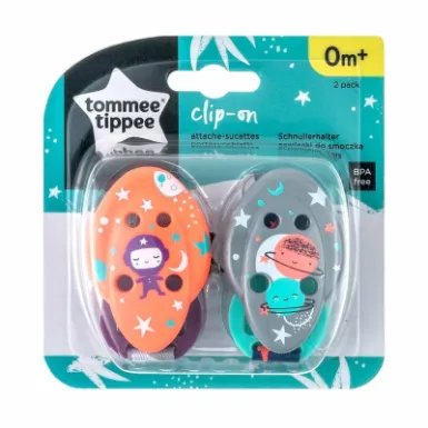 Tommee Tippee clip-on soother holder, two pack, orange and grey design