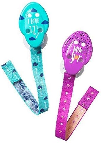 Tommee Tippee soother holders, turquoise and magenta with heart and star prints