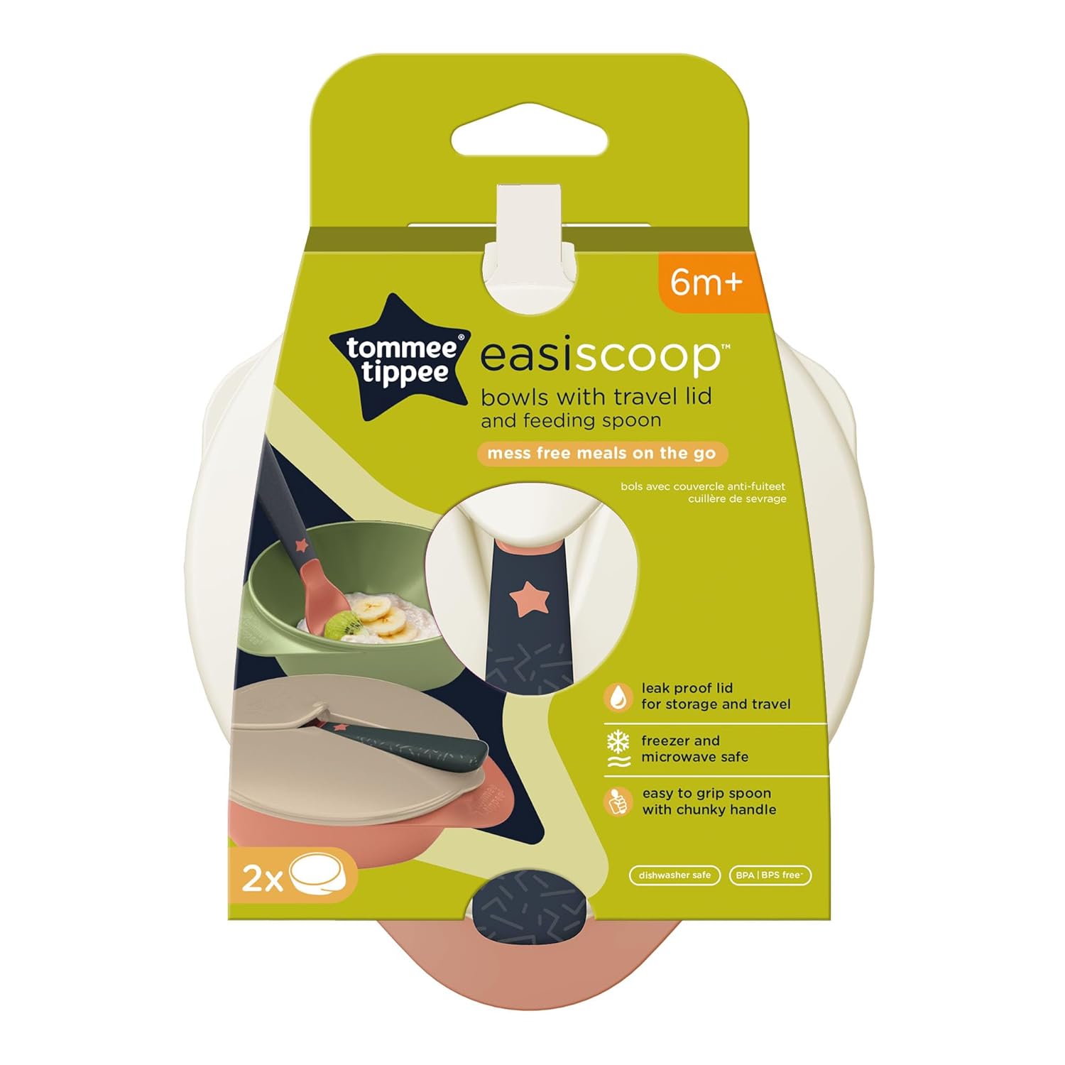 Tommee Tippee Easy Scoop feeding bowls with lids and spoons, pack of 2